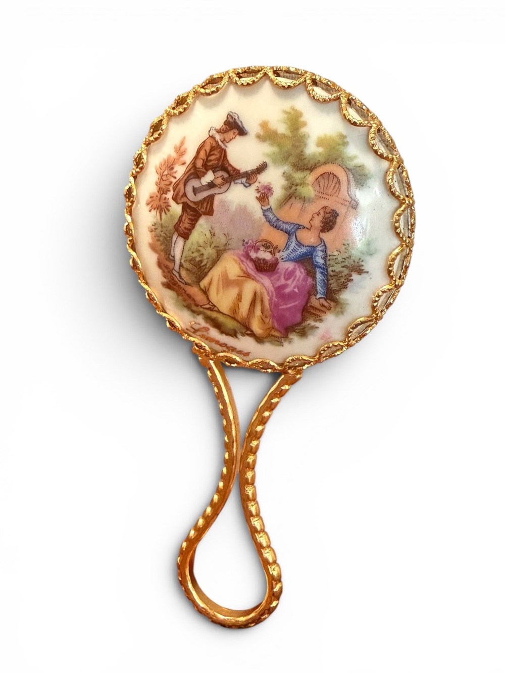 Vintage Limoges Porcelain Golf Hand Mirror Romantic Courting Couple France